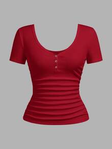 Slaydiva Kaos Wanita Ukuran Besar Warna Polos Leher V Lengan Pendek Kasual Seksi Bergaris Merah Malam Musim Panas - Merah - View 3