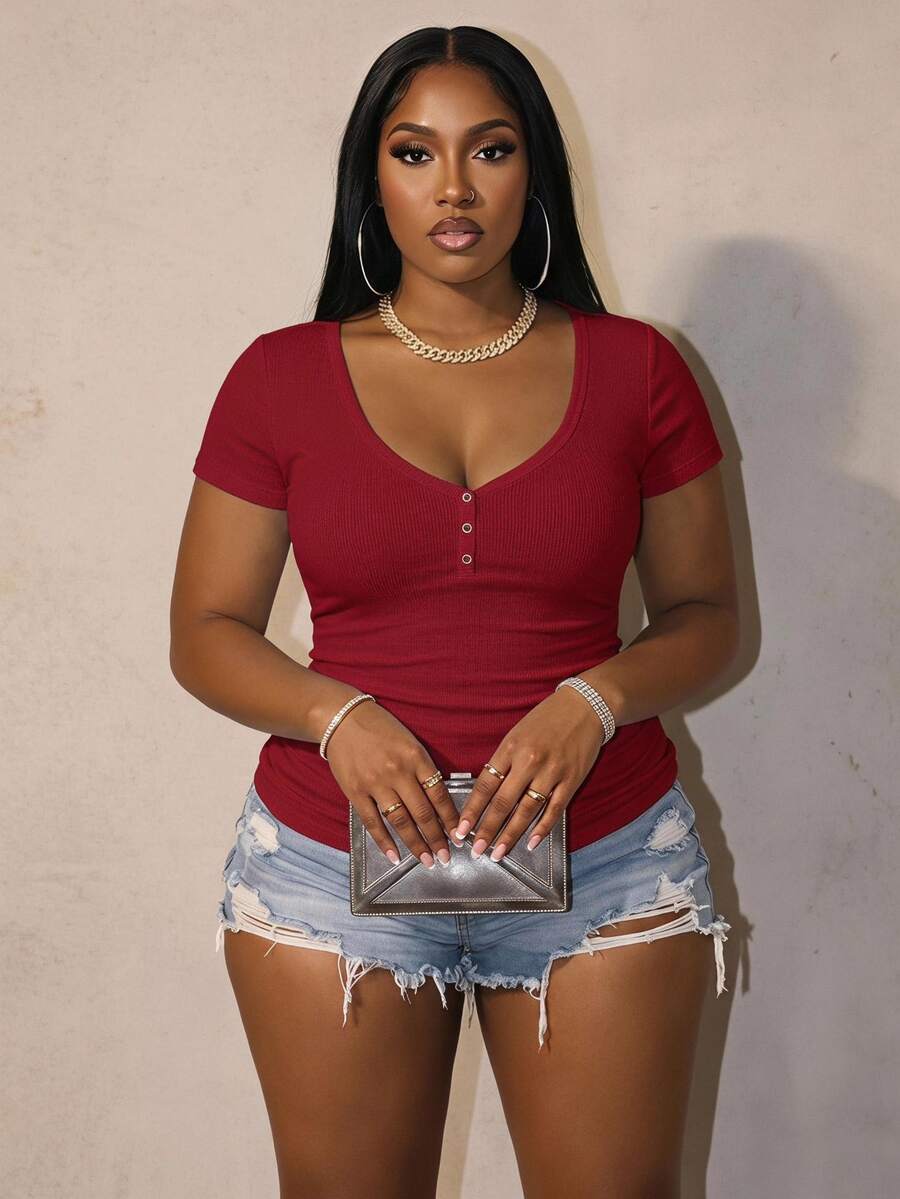 Slaydiva Kaos Wanita Ukuran Besar Warna Polos Leher V Lengan Pendek Kasual Seksi Bergaris Merah Malam Musim Panas - Merah - View 1