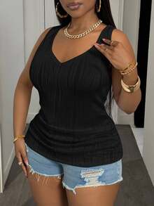 Slaydiva Plus Size Women Basic Casual V-Neck Camisole Tank Top, White Black - Black - View 7
