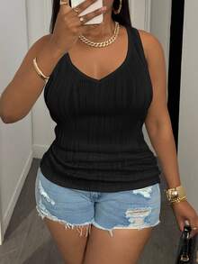 Slaydiva Plus Size Women Basic Casual V-Neck Camisole Tank Top, White Black - Black - View 6