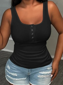 Slaydiva Plus Size Casual All-Match White Top With Deep U-Neck And Racerback Women's Plus-Size,School; Teacher; Homecoming - Black - View 3