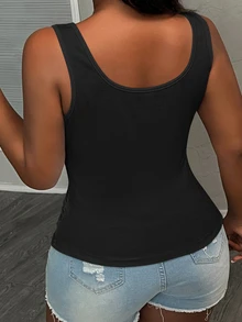 Slaydiva Plus Size Casual All-Match White Top With Deep U-Neck And Racerback Women's Plus-Size,School; Teacher; Homecoming - Black - View 2