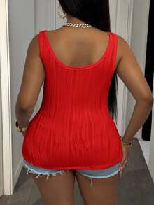 Slaydiva Plus Size Women's Casual Basic Red Tank Top, Deep V-Neck Textured Top - Red - View 2
