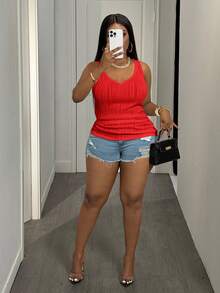 Slaydiva Plus Size Women's Casual Basic Red Tank Top, Deep V-Neck Textured Top - Red - View 3