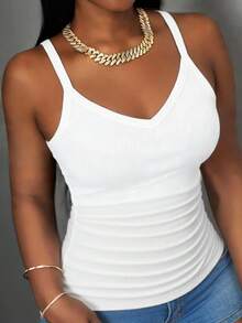 Slaydiva Plus-Size Women's White Summer Basique Everyday Casual Business Casual Solid Ribbed V-Neck Racerback Gathered Tank Top Versatile Y2K Slim Vest - White - View 7