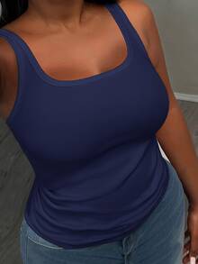 Slaydiva Casual Basic Racerback Sleeveless Deep U-Neck Narrow Ribbed Side Ruched White Semi-Sheer Plus Size Regular Fit Camisole - Navy Blue - View 3