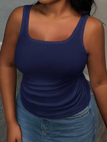 Slaydiva Casual Basic Racerback Sleeveless Deep U-Neck Narrow Ribbed Side Ruched White Semi-Sheer Plus Size Regular Fit Camisole - Navy Blue - View 4