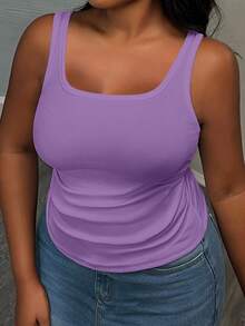 Slaydiva Camiseta de tirantes acanalada ajustada con cuello en V profundo y plisado lateral para mujer talla grande, blanco semitransparente - Púrpura malva - Ver 2