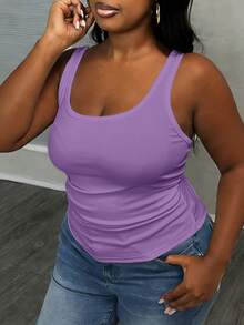 Slaydiva Camiseta de tirantes acanalada ajustada con cuello en V profundo y plisado lateral para mujer talla grande, blanco semitransparente - Púrpura malva - Ver 7