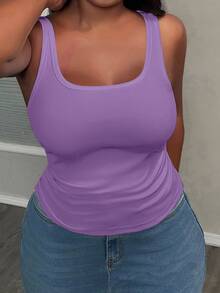 Slaydiva Camiseta de tirantes acanalada ajustada con cuello en V profundo y plisado lateral para mujer talla grande, blanco semitransparente - Púrpura malva - Ver 5