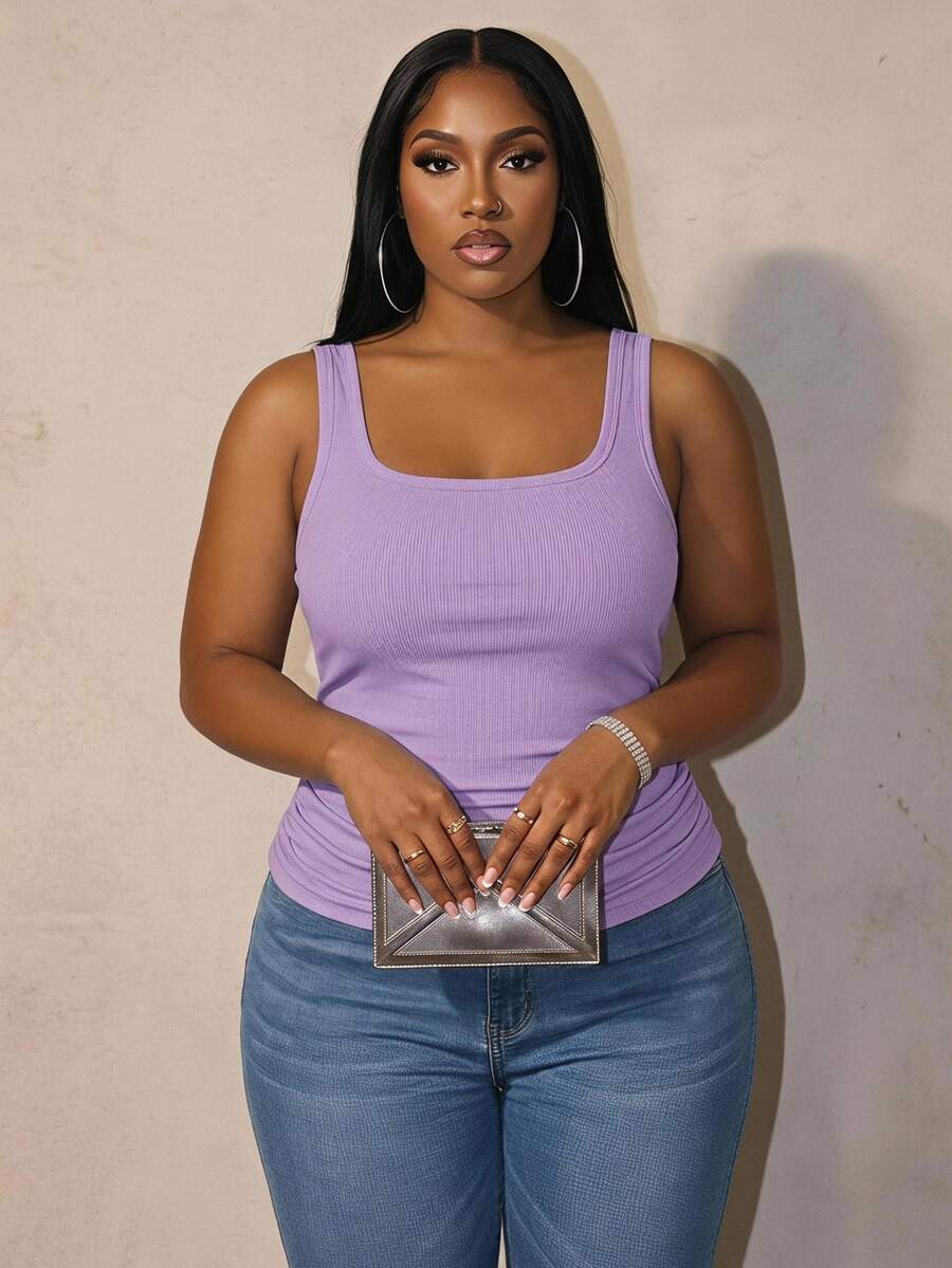 Slaydiva Camiseta de tirantes acanalada ajustada con cuello en V profundo y plisado lateral para mujer talla grande, blanco semitransparente - Púrpura malva - Ver 1