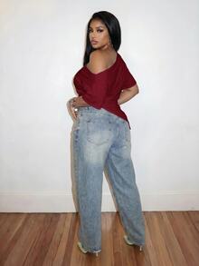 Slaydiva 2026 Spring/Summer Women's Plus Size New Music Festival Anniversary Asymmetric Hem Ruched Asymmetric Neck Fashion T-Shirt - Burgundy - View 2