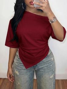 Slaydiva 2026 Spring/Summer Women's Plus Size New Music Festival Anniversary Asymmetric Hem Ruched Asymmetric Neck Fashion T-Shirt - Burgundy - View 6