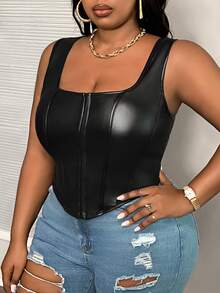Slaydiva Plus Size Tight Fit Pu Corset Top - Black Halloween Night Evening Tidur Summer Sexy - Black - View 4
