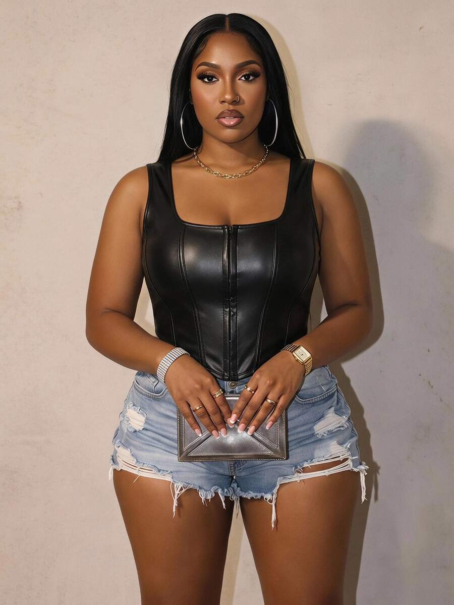 Slaydiva Plus Size Tight Fit Pu Corset Top - Black Halloween Night Evening Tidur Summer Sexy - Black - View 1