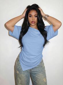 Slaydiva Plus Size Women Solid Color Asymmetric Shoulder Ruched Casual Versatile Everyday T-Shirt Formal Light Blue Summer - Blue - View 5