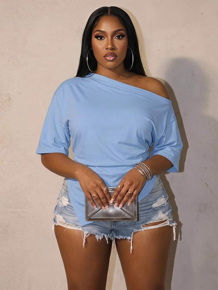 Slaydiva Plus Size Women Solid Color Asymmetric Shoulder Ruched Casual Versatile Everyday T-Shirt Formal Light Blue Summer - Blue - View 1