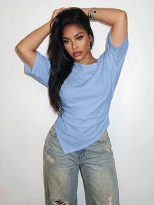Slaydiva Plus Size Women Solid Color Asymmetric Shoulder Ruched Casual Versatile Everyday T-Shirt Formal Light Blue Summer - Blue - View 4