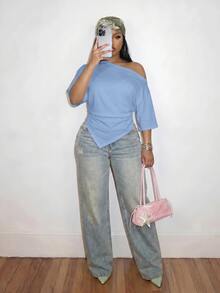 Slaydiva Plus Size Women Solid Color Asymmetric Shoulder Ruched Casual Versatile Everyday T-Shirt Formal Light Blue Summer - Blue - View 3