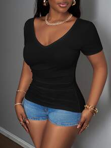 Slaydiva 2025 New Plus Size Women Casual Basic Racerback Sleeveless Deep V-Neck Ribbed White T-Shirt - Black - View 4