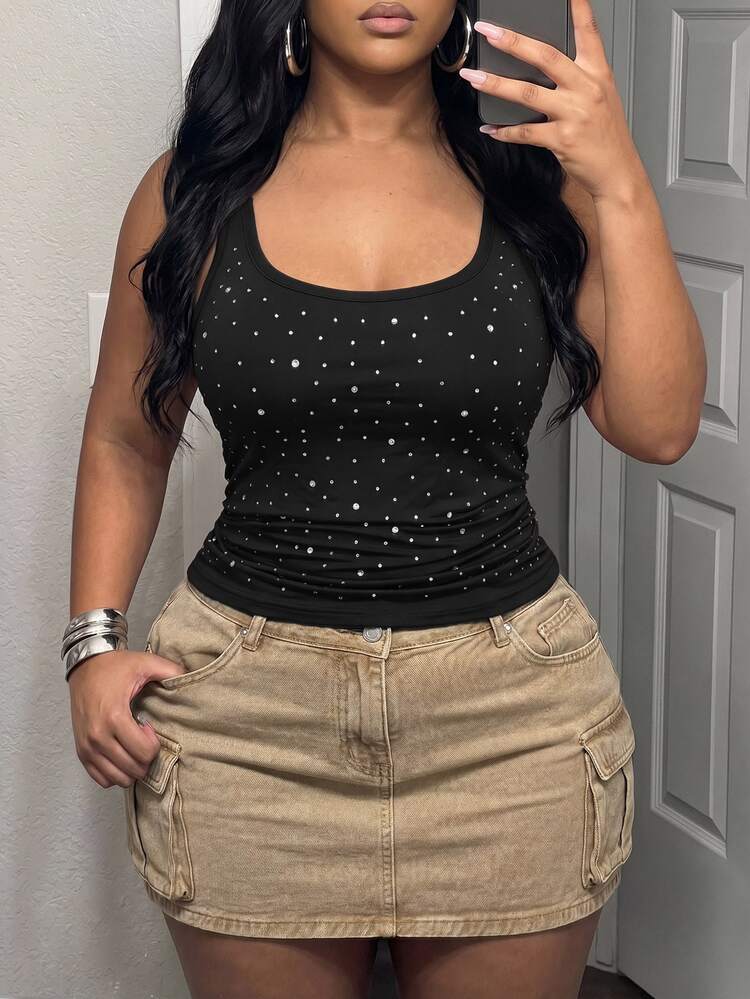 Slaydiva Plus Size Women's Rhinestone Fashion Versatile Elegant Sexy Tank Top Concert Black Summer - Black - View 8