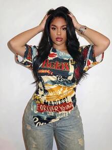 Slaydiva New Summer/Fall Plus Size Women's Asymmetrical Off Shoulder Top/Y2K/Streetwear/Back To School/Going Out/Club/Concert/Party/Chic/NIGHT/Retro Print - Multicolor - View 7