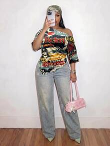 Slaydiva New Summer/Fall Plus Size Women's Asymmetrical Off Shoulder Top/Y2K/Streetwear/Back To School/Going Out/Club/Concert/Party/Chic/NIGHT/Retro Print - Multicolor - View 8
