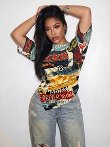 Slaydiva New Summer/Fall Plus Size Women's Asymmetrical Off Shoulder Top/Y2K/Streetwear/Back To School/Going Out/Club/Concert/Party/Chic/NIGHT/Retro Print - Multicolor - View 6