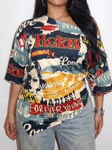 Slaydiva New Summer/Fall Plus Size Women's Asymmetrical Off Shoulder Top/Y2K/Streetwear/Back To School/Going Out/Club/Concert/Party/Chic/NIGHT/Retro Print - Multicolor - View 4
