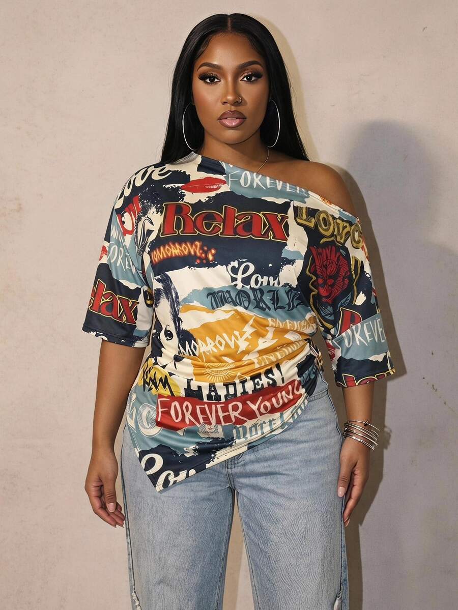 Slaydiva New Summer/Fall Plus Size Women's Asymmetrical Off Shoulder Top/Y2K/Streetwear/Back To School/Going Out/Club/Concert/Party/Chic/NIGHT/Retro Print