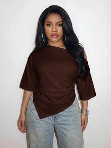 Slaydiva Plus Size Women Solid Color Pleated Casual Versatile Everyday T-Shirt Formal Chocolate Brown Summer - Rust Brown - View 7