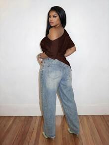Slaydiva Plus Size Women Solid Color Pleated Casual Versatile Everyday T-Shirt Formal Chocolate Brown Summer - Rust Brown - View 2