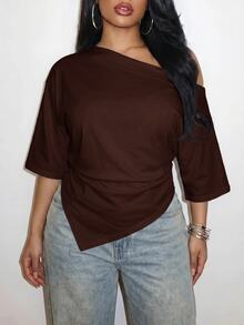 Slaydiva Plus Size Women Solid Color Pleated Casual Versatile Everyday T-Shirt Formal Chocolate Brown Summer - Rust Brown - View 9
