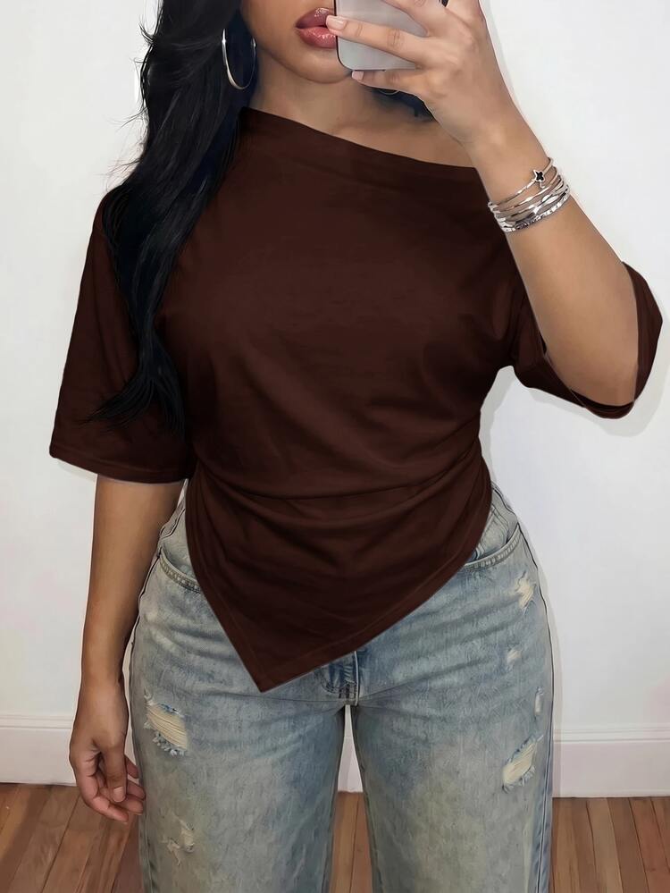 Slaydiva Plus Size Women Solid Color Pleated Casual Versatile Everyday T-Shirt Formal Chocolate Brown Summer - Rust Brown - View 6