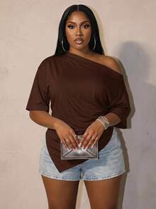Slaydiva Plus Size Women Solid Color Pleated Casual Versatile Everyday T-Shirt Formal Chocolate Brown Summer - Rust Brown - View 1
