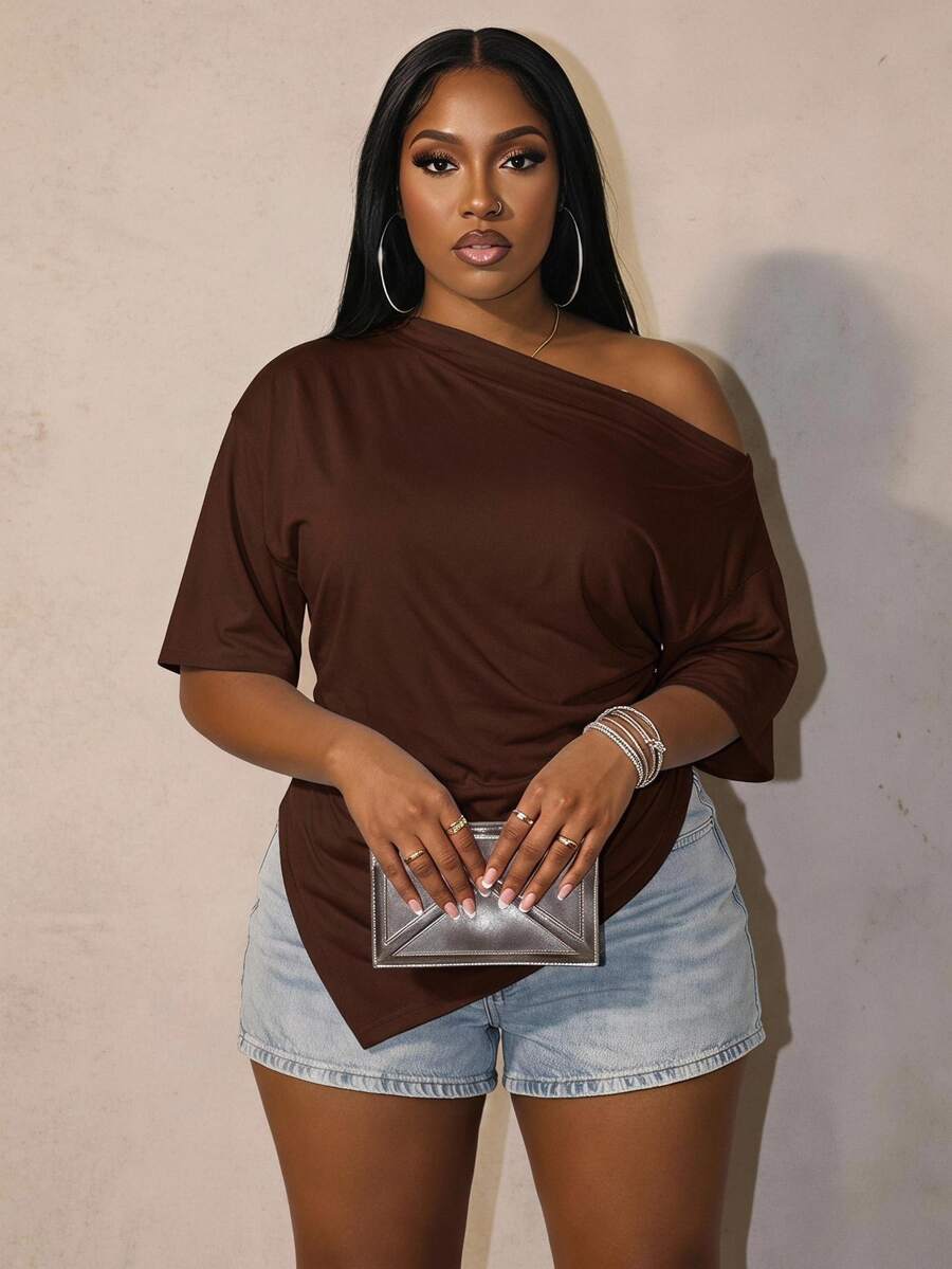 Slaydiva Plus Size Women Solid Color Pleated Casual Versatile Everyday T-Shirt Formal Chocolate Brown Summer - Rust Brown - View 1