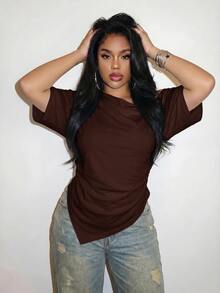 Slaydiva Plus Size Women Solid Color Pleated Casual Versatile Everyday T-Shirt Formal Chocolate Brown Summer - Rust Brown - View 5