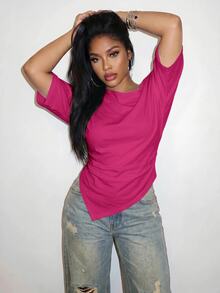 Slaydiva 2026 Spring/Summer Women's Plus Size Solid Color Asymmetrical T-Shirt - Hot Pink - View 4