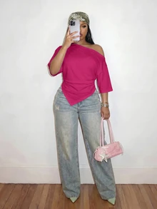 Slaydiva 2026 Spring/Summer Women's Plus Size Solid Color Asymmetrical T-Shirt - Hot Pink - View 3