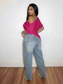 Slaydiva 2026 Spring/Summer Women's Plus Size Solid Color Asymmetrical T-Shirt - Hot Pink - View 2