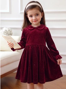SHEIN Elladie kids 女童休閒仙女公主風酒紅對比領收腰針織洋裝，適合7歲生日、嬰兒洗禮、冬季與聖誕派對 - 酒紅色 - 查看 8