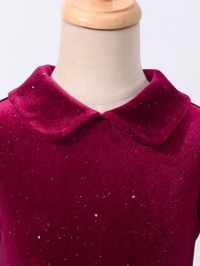 SHEIN Elladie kids 女童休閒仙女公主風酒紅對比領收腰針織洋裝，適合7歲生日、嬰兒洗禮、冬季與聖誕派對 - 酒紅色 - 查看 5