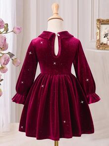 SHEIN Elladie kids 女童休閒仙女公主風酒紅對比領收腰針織洋裝，適合7歲生日、嬰兒洗禮、冬季與聖誕派對 - 酒紅色 - 查看 2