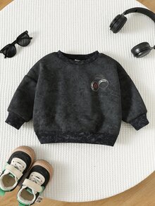 SHEIN 男嬰款簡約休閒 Y2K 街頭風寬鬆圓領落肩加大版後印花衛衣，適合秋季、街拍、日常穿著、外出度假，舒適好穿，兒童疊穿上衣，時尚休閒童裝，大學數字圖案上衣，返校季、返校日適用 - 黑色 - 查看 3