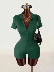 Zolique Women's Solid Color Minimalist Sexy Short Sleeve Jumpsuit Going Out Dark Green Summer - Dark Green - View 1