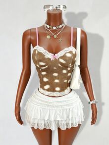 Zolique 女士鹿纹仿毛皮蕾丝边吊带露脐吊带背心，甜美性感叠穿衬衫 - 彩色 - 查看 3