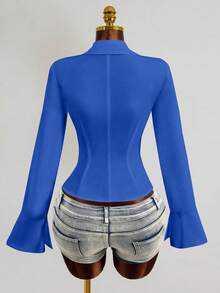 Zolique Women's New Sexy V-Neck Long Sleeved Shirt With Front And Middle Straps And Ruffle Sleeves Design, Long Sleeved Top - Blue - View 2