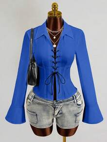 Zolique Women's New Sexy V-Neck Long Sleeved Shirt With Front And Middle Straps And Ruffle Sleeves Design, Long Sleeved Top - Blue - View 6