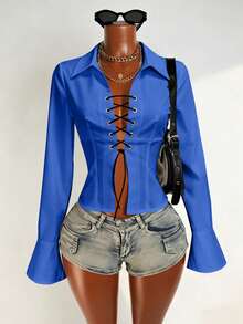 Zolique Women's New Sexy V-Neck Long Sleeved Shirt With Front And Middle Straps And Ruffle Sleeves Design, Long Sleeved Top - Blue - View 3