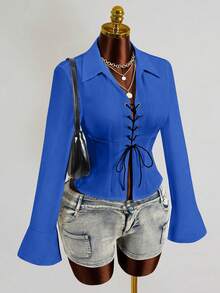Zolique Women's New Sexy V-Neck Long Sleeved Shirt With Front And Middle Straps And Ruffle Sleeves Design, Long Sleeved Top - Blue - View 5